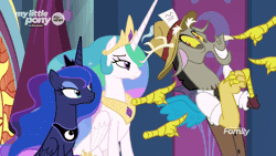 Size: 1280x720 | Tagged: safe, derpibooru import, screencap, discord, princess celestia, princess luna, alicorn, draconequus, pony, the beginning of the end, animated, crown, cute, discovery family logo, discute, disembodied hand, eyelashes, female, grin, hand, hat, jewelry, male, mare, necklace, pointing, regalia, smiling, trio