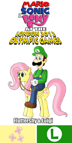 Size: 1012x2000 | Tagged: safe, artist:zefrenchm, derpibooru import, fluttershy, human, pegasus, pony, bridle, crossover, crossover shipping, female, humans riding ponies, london 2012, luigi, luigishy, male, mario & sonic, mario & sonic at the london 2012 olympic games, mario & sonic at the olympic games, mario and sonic, mario and sonic at the olympic games, nintendo, pony ride, riding, shipping, straight, super mario bros., tack, team