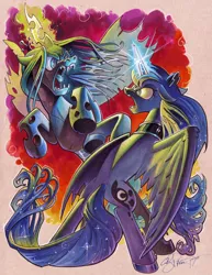 Size: 1813x2352 | Tagged: safe, artist:andypriceart, derpibooru import, princess luna, queen chrysalis, alicorn, changeling, pony, andy you magnificent bastard, angry, colored pencil drawing, duo, epic, fangs, female, fight, glowing horn, horn, magic, mare, metal, traditional art
