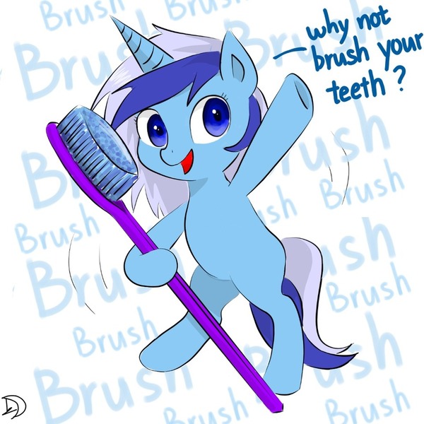 Size: 960x960 | Tagged: safe, artist:upperthemoon, derpibooru import, minuette, pony, unicorn, cute, dialogue, female, hoof hold, mare, minubetes, missing cutie mark, open mouth, simple background, solo, toothbrush, white background