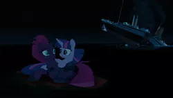 Size: 3215x1829 | Tagged: safe, artist:ejlightning007arts, derpibooru import, tempest shadow, twilight sparkle, twilight sparkle (alicorn), alicorn, pony, disaster, female, lesbian, looking at each other, night, ocean, raft, ship, shipping, sinking, tempestlight, titanic