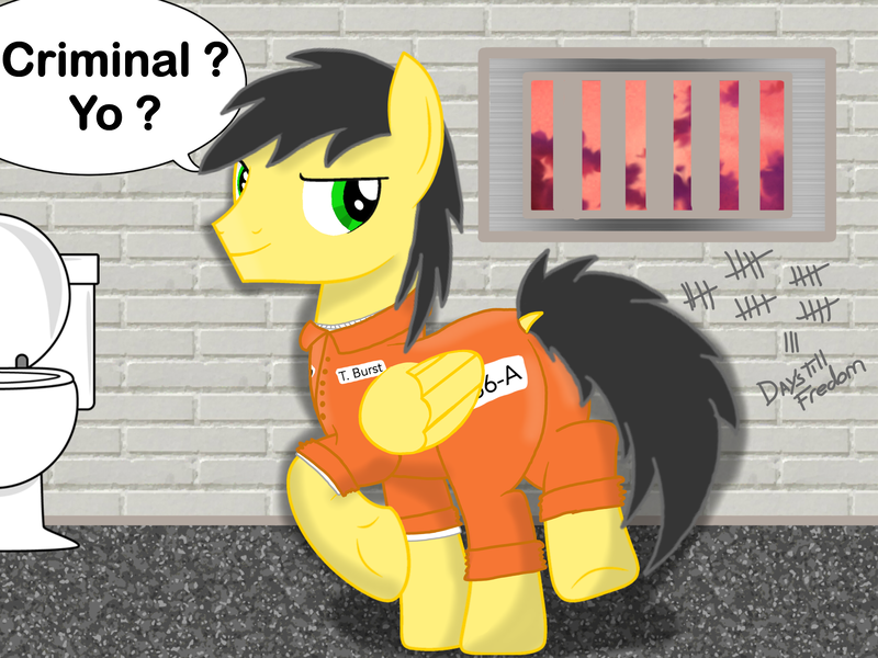 Size: 2048x1536 | Tagged: safe, artist:thunder burst, derpibooru import, oc, oc:thunder burst, pegasus, pony, clothes, jail, prison, prison outfit, prisoner, solo, spanish