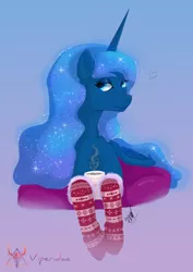 Size: 600x846 | Tagged: safe, artist:viperidaegraphics, derpibooru import, princess luna, pony, christmas, clothes, ear fluff, ethereal mane, female, gradient background, heart, holiday, lidded eyes, mare, mug, prone, socks, solo, speedpaint available, starry mane