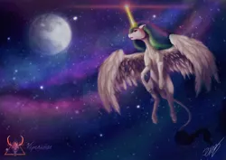 Size: 900x636 | Tagged: safe, artist:viperidaegraphics, derpibooru import, princess celestia, alicorn, pony, crying, female, floppy ears, flying, galaxy, glowing horn, horn, lens flare, leonine tail, mare, mare in the moon, moon, open mouth, solo, space, speedpaint available