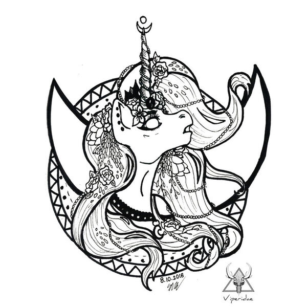 Size: 800x800 | Tagged: safe, artist:viperidaegraphics, derpibooru import, part of a set, princess luna, pony, black and white, bust, crescent moon, female, flower, flower in hair, grayscale, horn, horn jewelry, inktober, inktober 2018, jewelry, mandala, mare, monochrome, moon, no pupils, open mouth, regalia, simple background, solo, white background