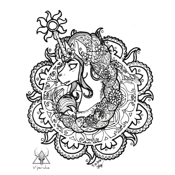 Size: 800x800 | Tagged: safe, artist:viperidaegraphics, derpibooru import, part of a set, princess celestia, pony, black and white, bust, ear piercing, earring, female, flower, flower in hair, grayscale, horn, horn ring, inktober, inktober 2018, jewelry, mandala, mare, monochrome, no pupils, piercing, regalia, ring, sidemouth, simple background, solo, sun, white background