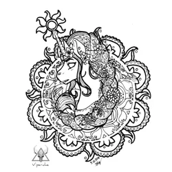 Size: 800x800 | Tagged: safe, artist:viperidaegraphics, derpibooru import, part of a set, princess celestia, pony, black and white, bust, ear piercing, earring, female, flower, flower in hair, grayscale, horn, horn ring, inktober, inktober 2018, jewelry, mandala, mare, monochrome, no pupils, piercing, regalia, ring, sidemouth, simple background, solo, sun, white background