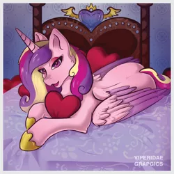 Size: 800x800 | Tagged: safe, artist:viperidaegraphics, derpibooru import, princess cadance, alicorn, pony, bed, bedroom, bedroom eyes, butt, cheek fluff, cute, cutedance, ear fluff, eyeshadow, female, heart, holiday, hoof shoes, leg fluff, looking at you, makeup, mare, missing accessory, on bed, open mouth, pillow, plot, prone, solo, speedpaint available, valentine's day, wing fluff