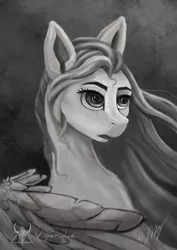 Size: 600x849 | Tagged: safe, artist:viperidaegraphics, derpibooru import, oc, oc:peach moonstone, unofficial characters only, pegasus, pony, abstract background, female, freckles, grayscale, mare, monochrome, one wing out, open mouth, solo, stray strand, windswept mane, wings