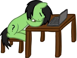 Size: 1480x1117 | Tagged: safe, artist:craftycirclepony, derpibooru import, oc, oc:anonfilly, unofficial characters only, pony, binary, chair, computer, cute, eyes closed, female, filly, laptop computer, simple background, sleeping, solo, table, transparent background