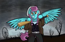 Size: 2672x1732 | Tagged: anthro, artist:moonlightfan, baseball bat, cloud, derpibooru import, female, little rock, mare, oc, oc:moonlight, pegasus, safe, solo, storm, wasteland, zombieland