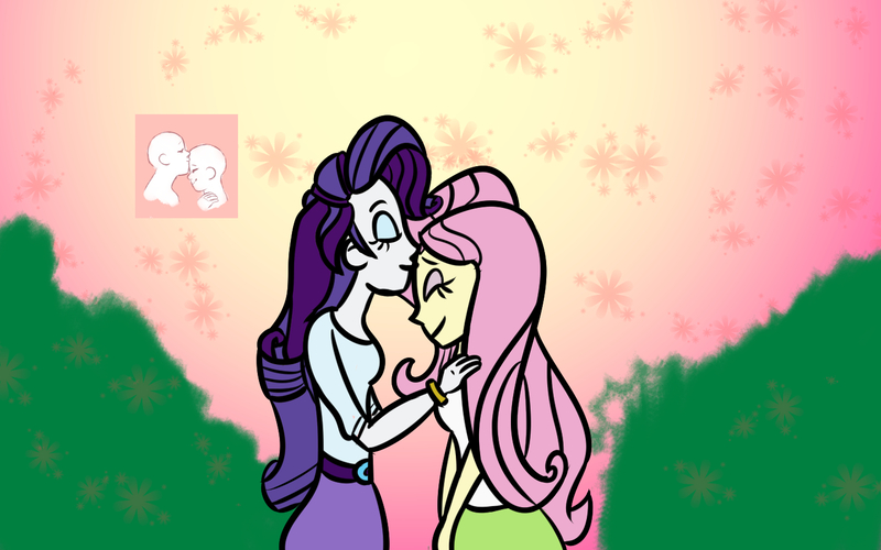 Size: 1440x900 | Tagged: safe, artist:ajustice90, derpibooru import, fluttershy, rarity, equestria girls, female, flarity, forehead kiss, kissing, lesbian, shipping