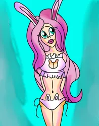 Size: 1240x1584 | Tagged: abstract background, arm behind back, artist:ajustice90, bra, breasts, bunny ears, bunny lingerie, cleavage, clothes, derpibooru import, female, fluttershy, frilly underwear, human, humanized, keyhole, keyhole underwear, lingerie, panties, side knot underwear, solo, solo female, suggestive, underwear, white underwear