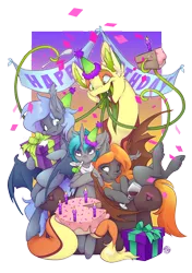 Size: 1600x2276 | Tagged: safe, artist:kez, derpibooru import, oc, oc:flare, oc:lucent, oc:non toxic, oc:panne, bat pony, monster pony, original species, tatzlpony, unicorn, birthday, cake, confetti, food, grump, mlem, present, silly, tongue out