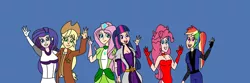 Size: 4688x1563 | Tagged: safe, artist:ajustice90, derpibooru import, applejack, fluttershy, pinkie pie, rainbow dash, rarity, twilight sparkle, human, fanfic:code lyoko: eg, equestria girls, clothes, code lyoko, crossover, fanfic art, human coloration, looking at you, simple background, waving