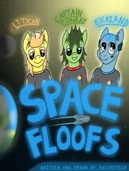 Size: 3024x4032 | Tagged: safe, artist:tacomytaco, derpibooru import, oc, oc:captain conray, oc:eickland, oc:tycan, unofficial characters only, earth pony, pony, comic:space floofs, bipedal, clothes, comic, comic cover, headphones, male, planet, space, spaceship, uniform