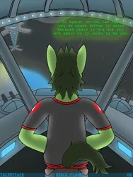 Size: 3024x4032 | Tagged: safe, artist:tacomytaco, derpibooru import, oc, oc:captain conray, unofficial characters only, anthro, earth pony, comic:space floofs, clothes, comic, male, rear view, solo, spaceship, text, uniform