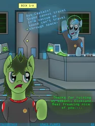 Size: 3024x4032 | Tagged: safe, artist:tacomytaco, derpibooru import, oc, oc:captain conray, oc:eickland, unofficial characters only, earth pony, pony, comic:space floofs, bipedal, bridge, clothes, comic, headset, male, text, uniform