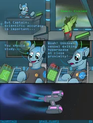 Size: 3024x4032 | Tagged: safe, artist:tacomytaco, derpibooru import, oc, oc:captain conray, oc:eickland, unofficial characters only, earth pony, pony, comic:space floofs, bridge, clothes, comic, headset, hyperspace, space, spaceship, text, uniform