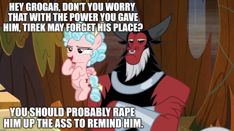 Size: 1920x1080 | Tagged: suggestive, derpibooru import, edit, edited screencap, screencap, cozy glow, grogar, lord tirek, pegasus, pony, the beginning of the end, caption, female, filly, image macro, imminent rape, imminent sex, implied gay, implied rape, out of character, text