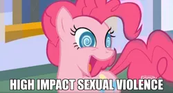 Size: 832x447 | Tagged: artist:anonymous, caption, derpibooru import, edit, edited screencap, faic, high impact sexual violence, image macro, implied sex, meme, open mouth, pinkie pie, screencap, suggestive, swirly eyes, text, the beginning of the end