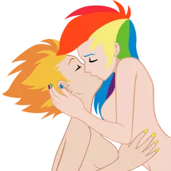Size: 900x900 | Tagged: artist:megasweet, breasts, clothes, colored, color edit, derpibooru import, edit, featureless breasts, female, human, humanized, lesbian, nail polish, partial nudity, rainbow dash, shipping, spitdash, spitfire, suggestive, topless