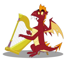 Size: 900x765 | Tagged: artist:queencold, blushing, derpibooru import, dragon, embarrassed, garble, harp, musical instrument, safe, simple background, solo, stool, teenaged dragon, transparent background