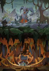 Size: 1619x2360 | Tagged: safe, composite screencap, derpibooru import, edit, edited screencap, screencap, cozy glow, grogar, king sombra, lord tirek, queen chrysalis, centaur, changeling, changeling queen, pegasus, pony, sheep, umbrum, the beginning of the end, bare tree, cavern, crystal ball, evil lair, female, grogar's lair, lair, legion of doom, male, moss, panorama, ram, roots, ruins, scenery, stallion, swamp, tree, underground