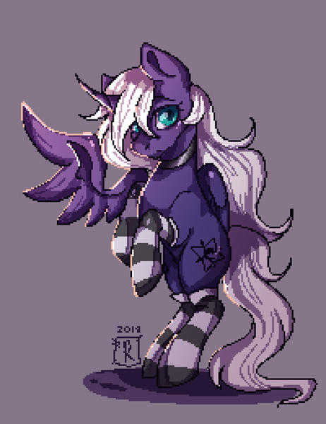 Size: 1000x1300 | Tagged: safe, artist:rottengotika, derpibooru import, oc, oc:star nebula moon, unofficial characters only, alicorn, pony, alicorn oc, clothes, horn, pixel art, simple background, socks, solo, stockings, striped socks, thigh highs, wings