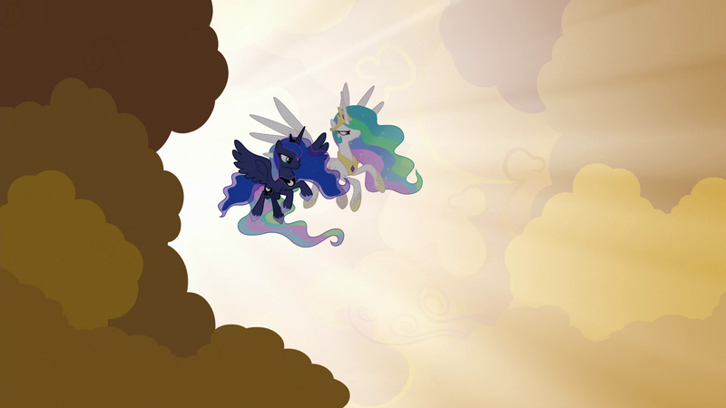 Size: 1920x1080 | Tagged: safe, derpibooru import, screencap, princess celestia, princess luna, pony, the beginning of the end, cloud, crepuscular rays, flying, light