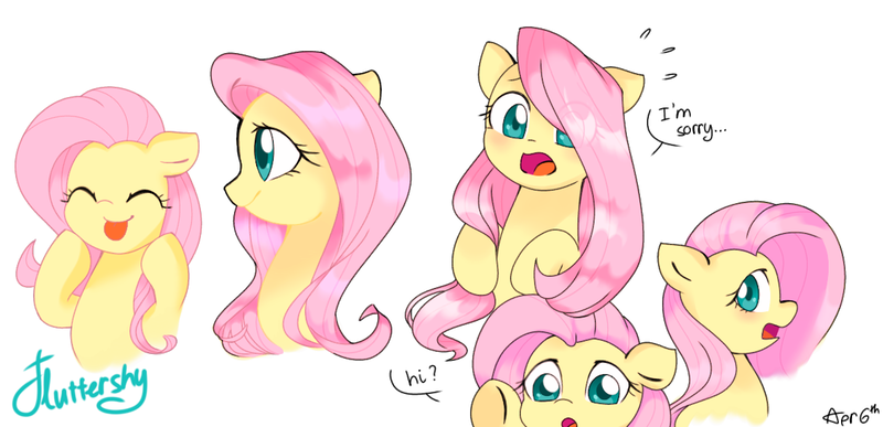 Size: 1200x580 | Tagged: safe, artist:ch-chau, derpibooru import, fluttershy, pegasus, pony, :p, blushing, cute, dialogue, expressions, eye clipping through hair, female, happy, hi, mare, open mouth, profile, shyabetes, silly, simple background, smiling, solo, text, tongue out, white background