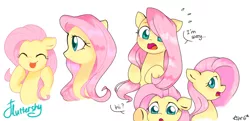 Size: 1200x580 | Tagged: safe, artist:ch-chau, derpibooru import, fluttershy, pegasus, pony, :p, blushing, cute, dialogue, expressions, eye clipping through hair, female, happy, hi, mare, open mouth, profile, shyabetes, silly, simple background, smiling, solo, text, tongue out, white background