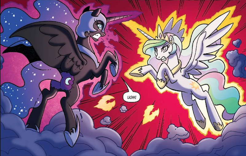 Size: 1504x955 | Tagged: safe, artist:tonyfleecs, derpibooru import, idw, nightmare moon, princess celestia, princess luna, alicorn, pony, spoiler:comic, spoiler:comicfiendshipismagic4, angry, crown, duo, ethereal mane, female, fight, hoof shoes, jewelry, mare, official comic, peytral, regalia, royal sisters, siblings, sisters, speech bubble, spread wings, starry mane, wings