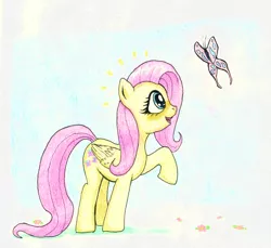 Size: 1116x1024 | Tagged: safe, artist:friendshipishorses, derpibooru import, fluttershy, butterfly, pegasus, pony, cute, female, folded wings, looking at something, looking up, mare, open mouth, profile, raised hoof, shyabetes, smiling, solo, standing, traditional art, wings