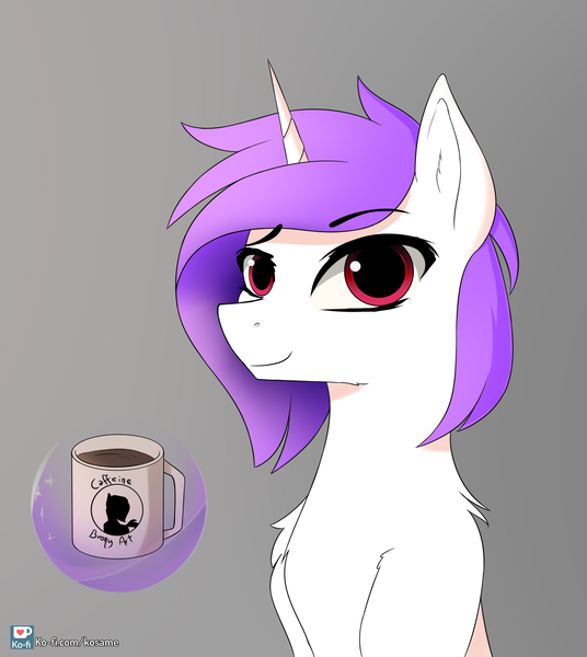 Size: 1929x2160 | Tagged: safe, artist:hevityaus, derpibooru import, oc, pony, unicorn, coffee, levitation, magic, purple hair, raised eyebrow, solo, telekinesis, watermark, white coat