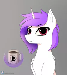 Size: 1929x2160 | Tagged: safe, artist:hevityaus, derpibooru import, oc, pony, unicorn, coffee, levitation, magic, purple hair, raised eyebrow, solo, telekinesis, watermark, white coat