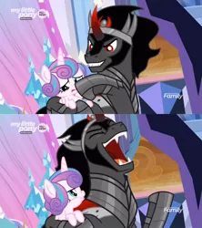 Size: 1067x1200 | Tagged: safe, derpibooru import, edit, edited screencap, screencap, king sombra, princess flurry heart, pony, the beginning of the end, boop, comic, flurry heart is not amused, moral event horizon, non-consensual booping, pure unfiltered evil, screencap comic, unamused, you monster