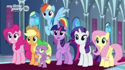 Size: 1920x1080 | Tagged: safe, derpibooru import, screencap, applejack, fluttershy, pinkie pie, rainbow dash, rarity, spike, twilight sparkle, twilight sparkle (alicorn), alicorn, pony, the beginning of the end, mane seven, mane six