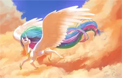 Size: 1280x815 | Tagged: safe, artist:joan-grace, derpibooru import, princess celestia, alicorn, pony, cloud, cute, cutelestia, female, flying, hoof shoes, large wings, majestic, mare, sky, solo, wings