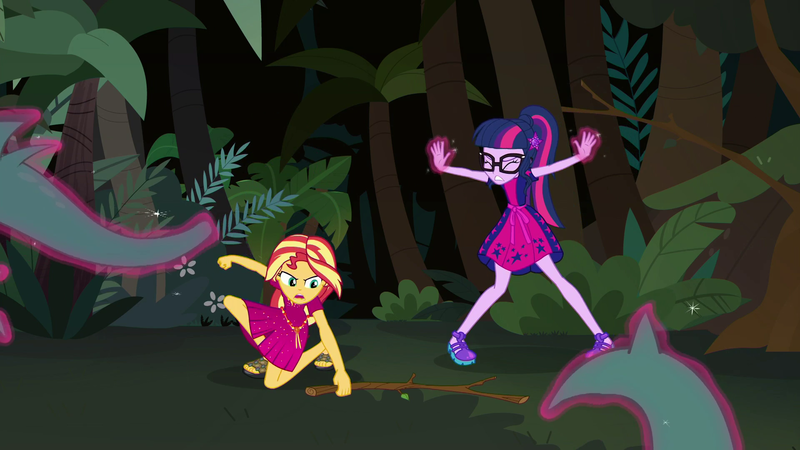Size: 1920x1080 | Tagged: safe, derpibooru import, screencap, sci-twi, sunset shimmer, twilight sparkle, equestria girls, equestria girls series, spring breakdown, spoiler:eqg series (season 2), feet, geode of empathy, geode of telekinesis, glasses, i've seen enough hentai to know where this is going, magic, magical geodes, ponytail, sandals, telekinesis