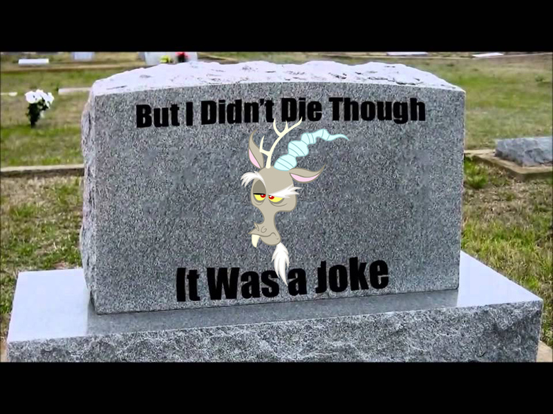 Size: 960x720 | Tagged: dead, derpibooru import, discord, draconequus, grave, gravestone, joke, jontron, not dead, safe, the beginning of the end