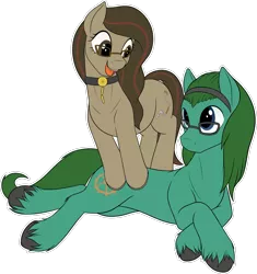 Size: 1280x1363 | Tagged: safe, artist:suspega, derpibooru import, oc, oc:autumn bramble, oc:tempus fidgets, unofficial characters only, pony, blue eyes, brown eyes, brown mane, collar, female, glasses, green mane, hairband, happy, horseshoes, male, no mouth, open mouth, siblings, side, simple background, smiling, transparent background, unshorn fetlocks