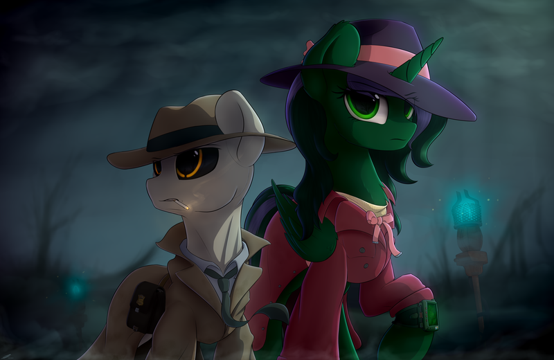 Size: 5155x3350 | Tagged: safe, artist:avastin4, derpibooru import, oc, oc:virescent, pony, fallout equestria, fallout equestria: commonwealth, artificial alicorn, fallout equestria: commonwealth - fog harbour, fanfic art, nick valentine, synth