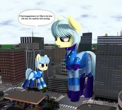 Size: 3300x3000 | Tagged: safe, artist:styroponyworks, derpibooru import, oc, oc:ultramare, human, pony, 3d, balloon, blender, building, car, city, clothes, dialogue, female, gas station, giant pony, macro, mare, parade, people, speech bubble, wat