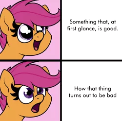 Size: 1404x1389 | Tagged: safe, artist:moonatik, derpibooru import, scootaloo, pegasus, pony, bust, dilated pupils, eyes on the prize, female, filly, frown, happy, looking up, meme, meme template, open mouth, shocked, simple background, solo, surprised, text, transparent background, wide eyes