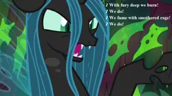 Size: 1008x560 | Tagged: changeling, changeling queen, crazylis, cropped, derpibooru import, edit, edited screencap, female, gilbert and sullivan, lyrics, queen chrysalis, safe, screencap, song reference, text, the beginning of the end, utopia limited