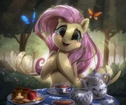 Size: 2500x2078 | Tagged: safe, artist:light262, derpibooru import, fluttershy, butterfly, pegasus, pony, amazed, anatomically incorrect, biscuits, blushing, bush, bust, crying, cup, cute, daaaaaaaaaaaw, dappled sunlight, dark, female, food, forest, happy, head tilt, hnnng, hooves together, human shoulders, looking at you, mare, open mouth, outdoors, plate, scenery, shyabetes, smiling, solo, spread wings, table, tea, tea cakes, tea party, teapot, tears of joy, teary eyes, tree, watermelon, weapons-grade cute, wings