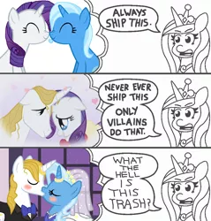 Size: 916x960 | Tagged: safe, artist:mactavish1996, artist:themexicanpunisher, artist:zoevulpez, derpibooru import, prince blueblood, princess cadance, rarity, trixie, pony, always ship this, bluetrix, exploitable meme, female, lesbian, male, meme, princess of shipping, rariblood, rarixie, shipping, straight