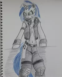 Size: 2448x3060 | Tagged: artist:rockhoppr3, clothes, crossover, cyberpunk 2077, derpibooru import, deus ex, safe, semi-anthro, solo, traditional art, vinyl scratch