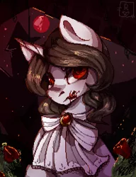 Size: 1000x1300 | Tagged: safe, artist:rottengotika, derpibooru import, oc, oc:paint rose, oc:the countess, unofficial characters only, pony, unicorn, vampire, blood moon, clothes on pony, detailed background, dracula, horn, minor blood, moon, nom, pixel art, present, red eyes, solo, unicorn oc
